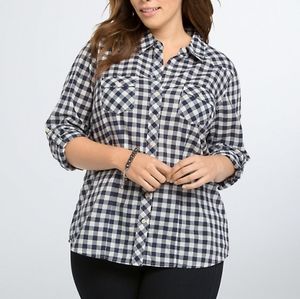Navy blue and white gingham camp shirt